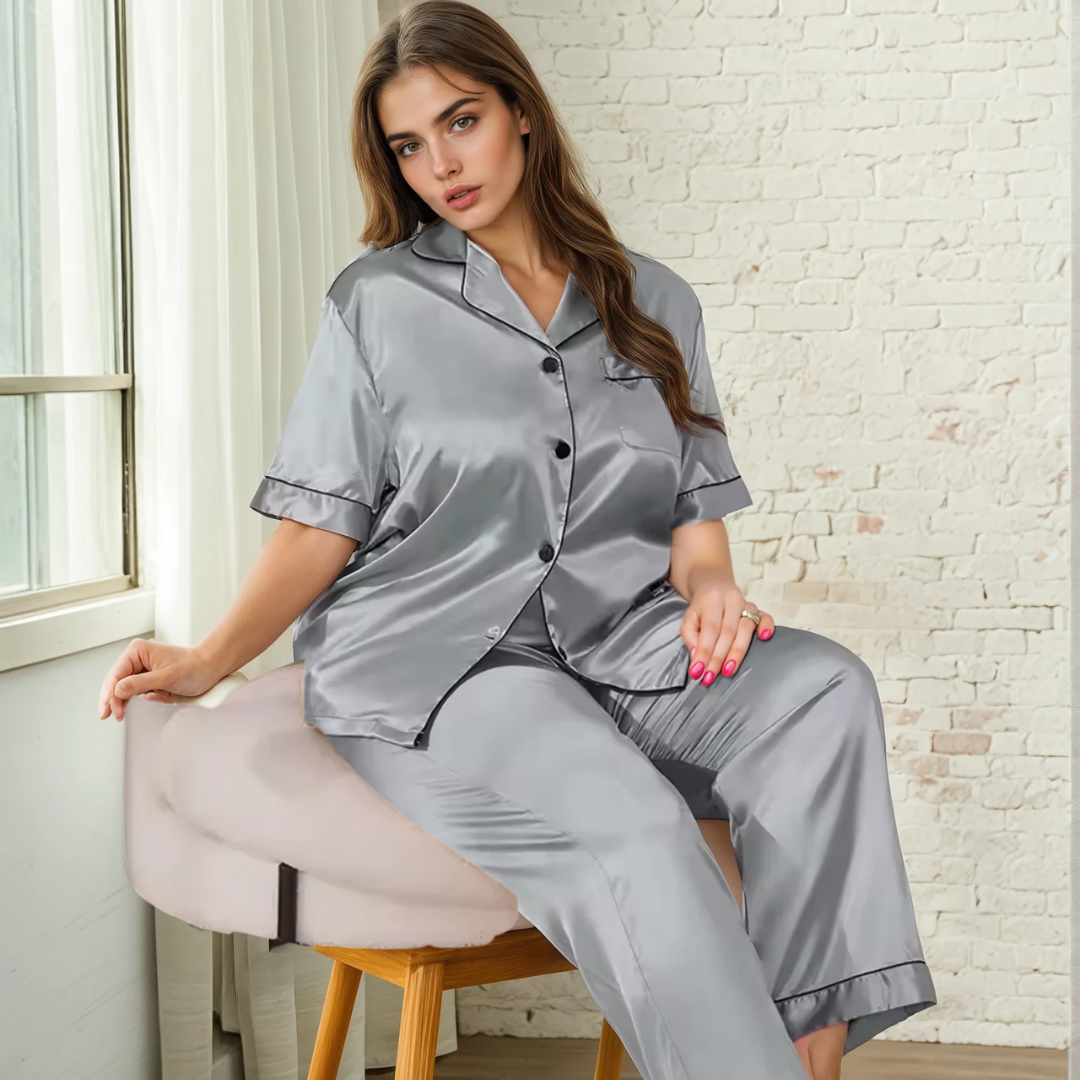 Silk Sleepwear Set for Plus Size Women – Fashionable Silk Tops and Long Pants Homewear