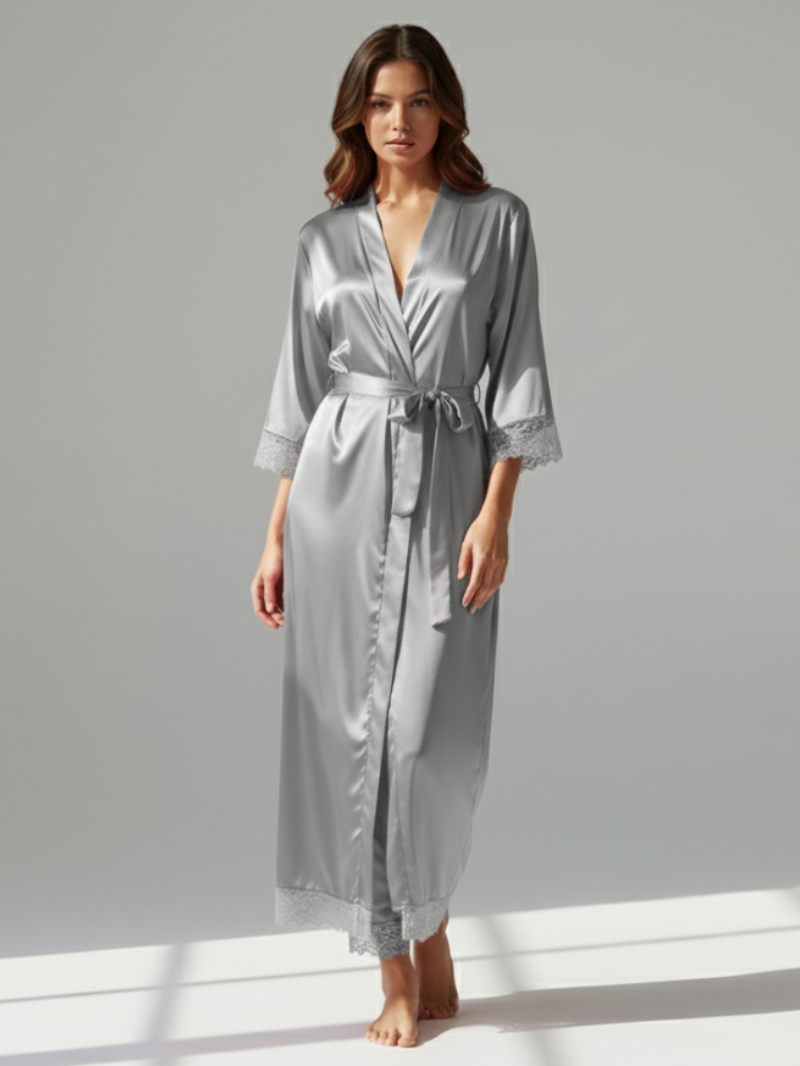Silk Satin Lace Robes – Bridesmaid and Bride Wedding Long Robe, Elegant Bathrobe and Lingerie Robe for Women