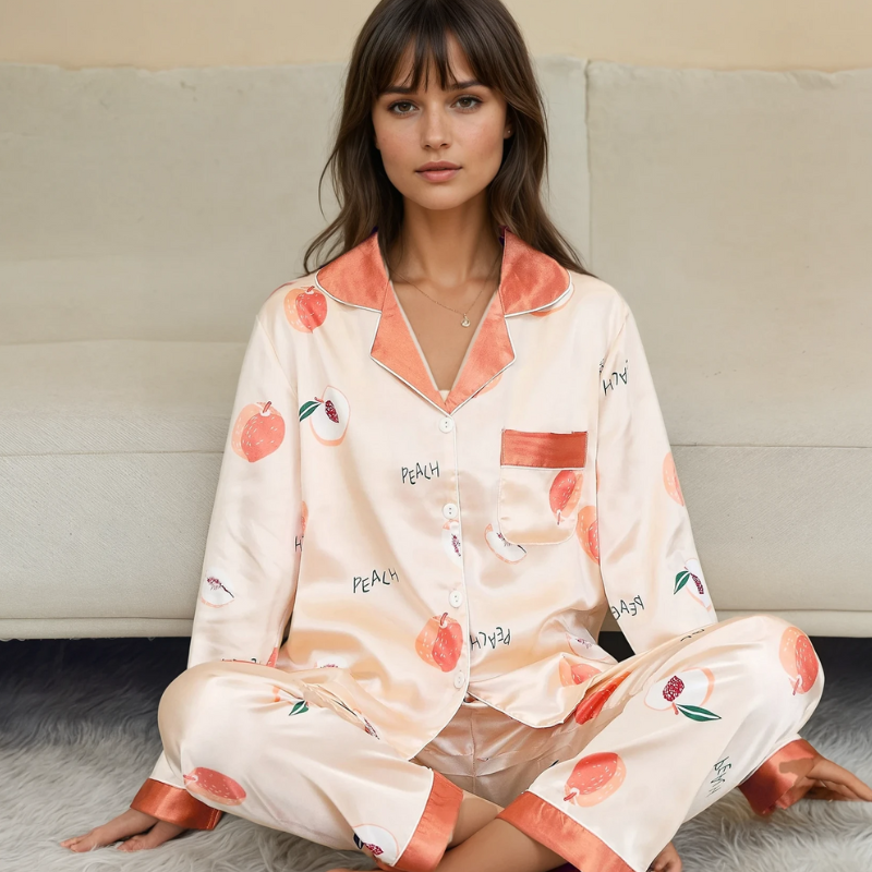 Women's Ice Silk Pajama Set – Summer Long Sleeve & Pants Loungewear in Imitation Silk