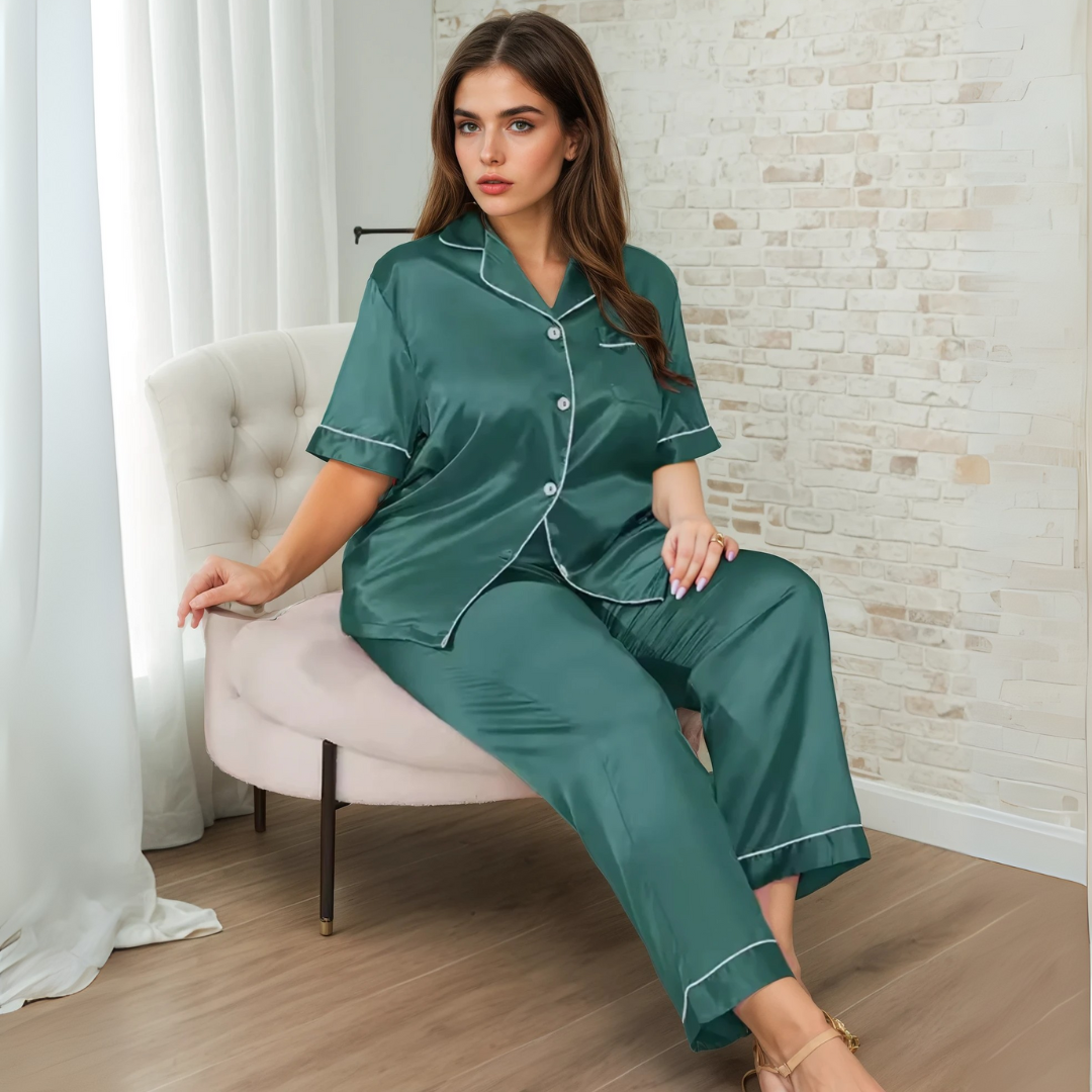 Silk Sleepwear Set for Plus Size Women – Fashionable Silk Tops and Long Pants Homewear