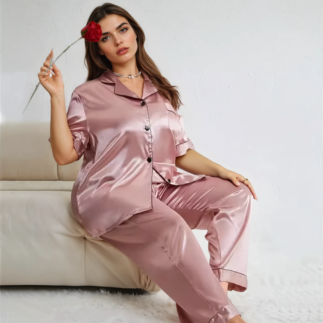 Silk Sleepwear Set for Plus Size Women – Fashionable Silk Tops and Long Pants Homewear