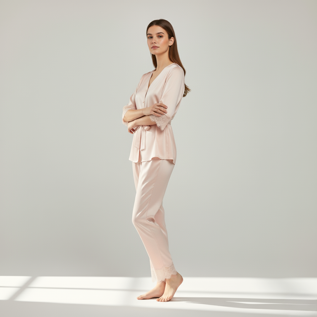 Women’s 100% Mulberry Silk Pajama Set – Lace Trim Long Sleeve with Belt