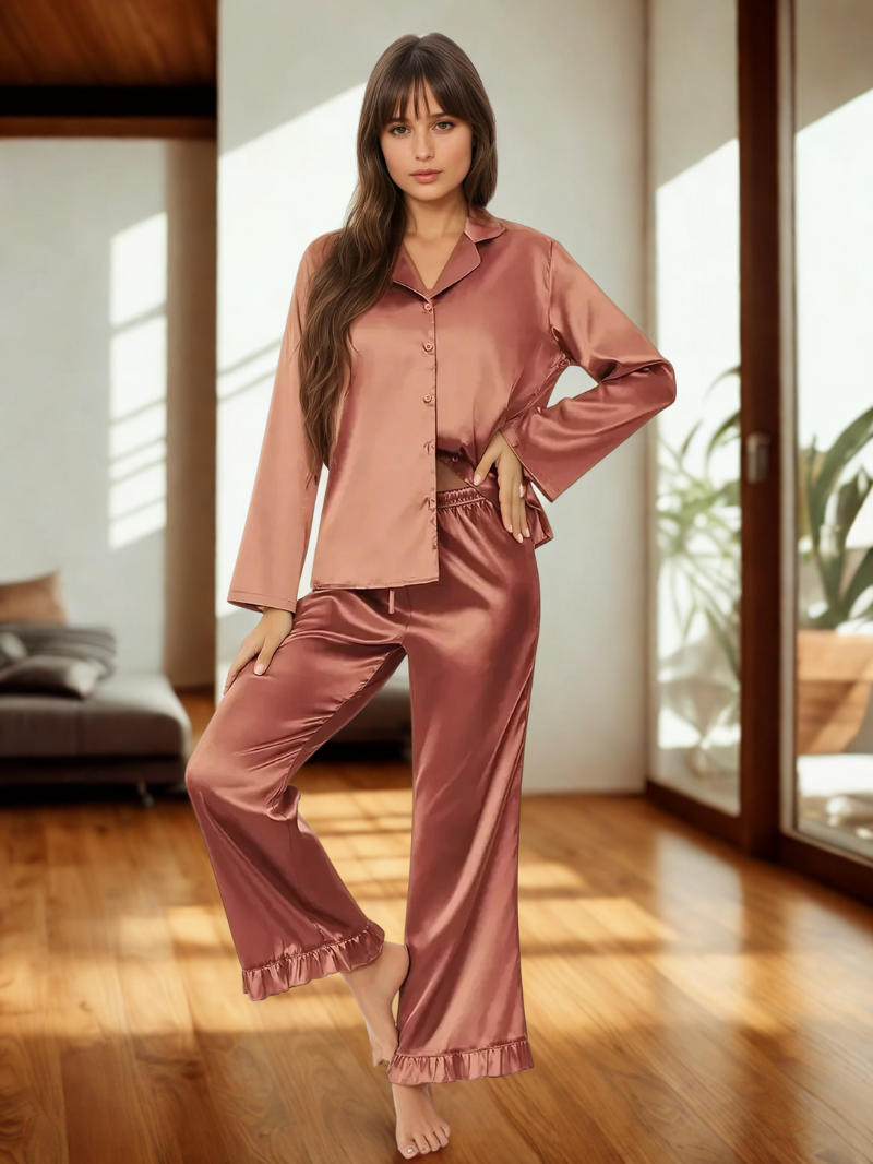 Soft Satin Pajamas Set for Women – 2-Piece Long Sleeve Sleepwear & Elegant Button Loungewear