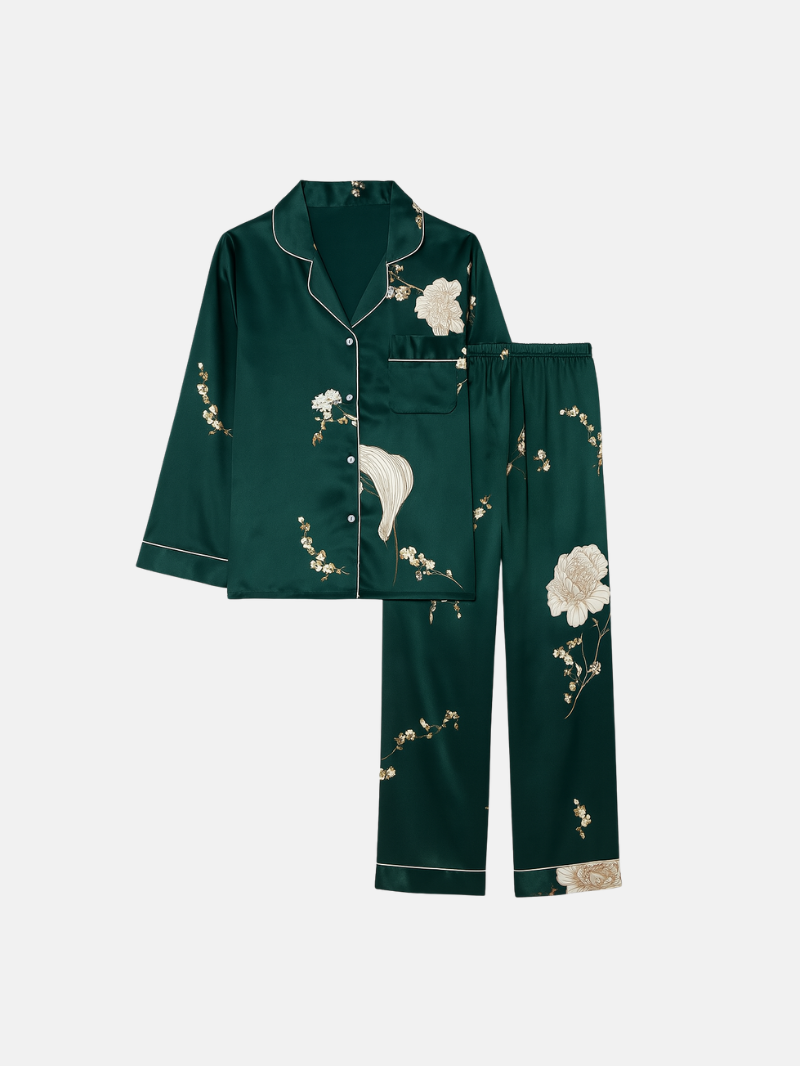 Women's Floral Print Silk Casual Pajama Set, Long Sleeves Top & Pants