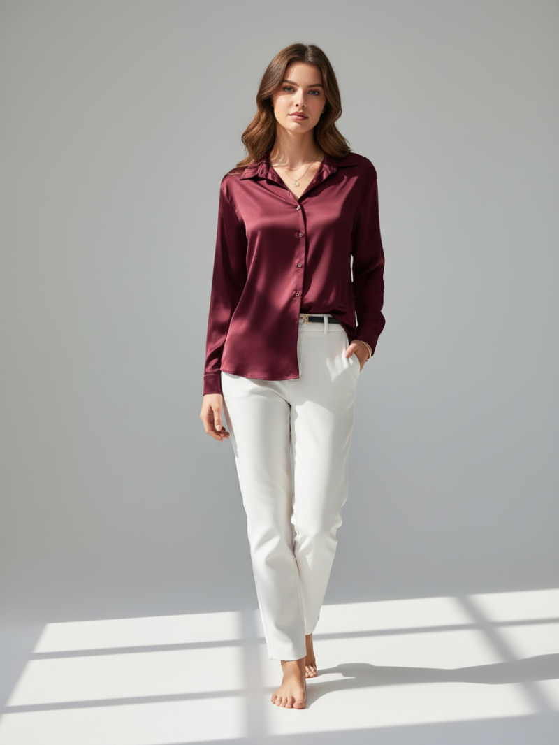 Satin Blouse for Women – Wrinkle-Free, Button-Up Long Sleeve Shirt for Casual to Semi-Formal Wear