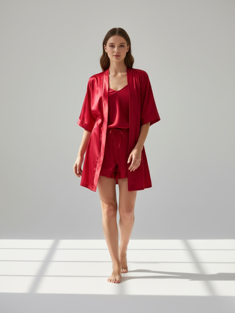 4pcs Elegant Silk Pajama Set for Women - Robe, Bralette, Shorts & Pants