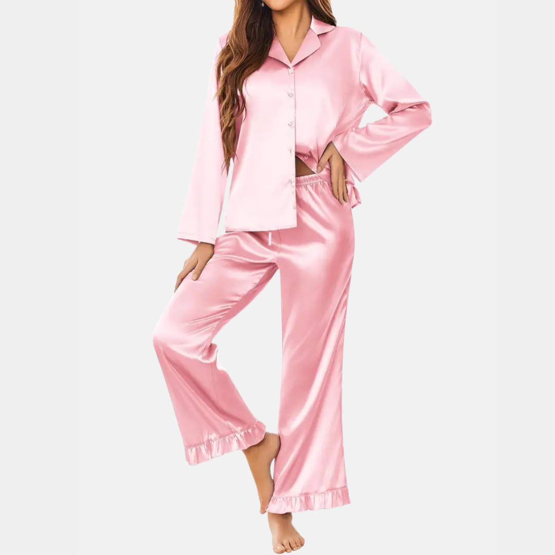 Soft Satin Pajamas Set for Women – 2-Piece Long Sleeve Sleepwear & Elegant Button Loungewear