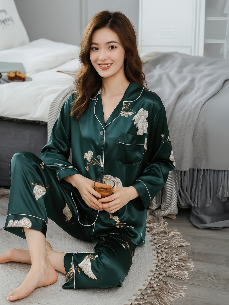 Women's Floral Print Silk Casual Pajama Set, Long Sleeves Top & Pants