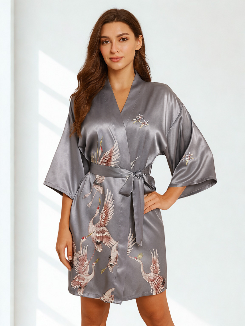 Elegant Silk Kimono Robe with Crane Print – Lightweight Summer Bridal & Bridesmaid Dressing Gown