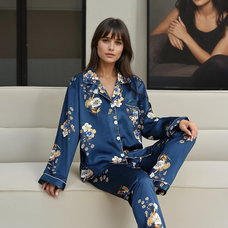 Women's Ice Silk Pajama Set – Summer Long Sleeve & Pants Loungewear in Imitation Silk