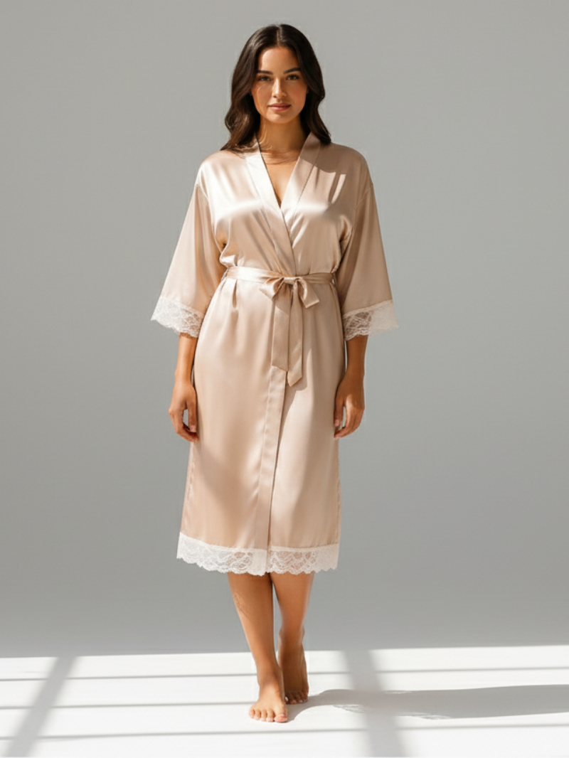 Silk Satin Lace Robes – Bridesmaid and Bride Wedding Long Robe, Elegant Bathrobe and Lingerie Robe for Women