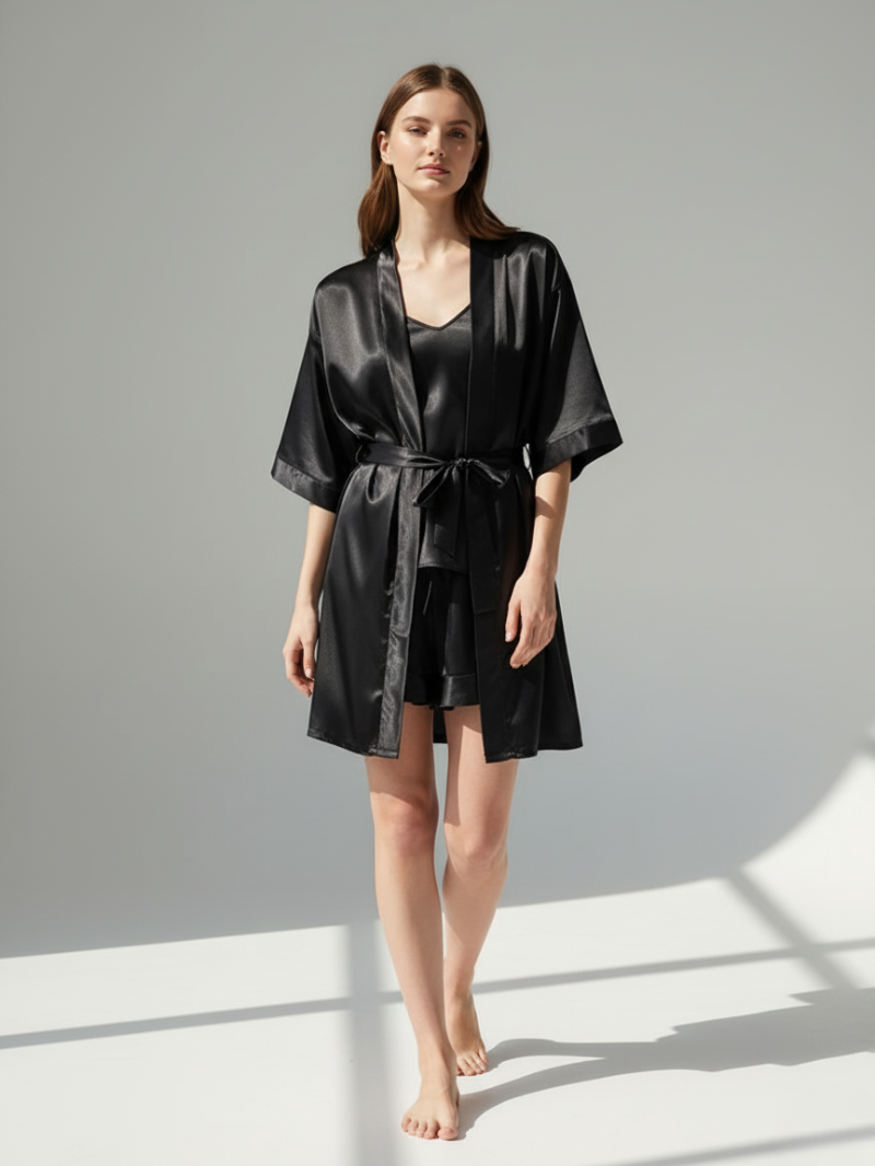 4pcs Elegant Silk Pajama Set for Women - Robe, Bralette, Shorts & Pants