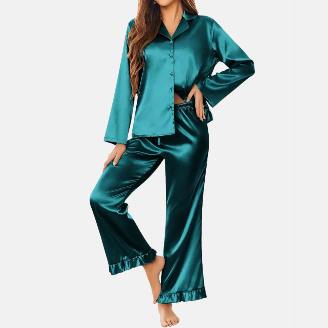 Soft Satin Pajamas Set for Women – 2-Piece Long Sleeve Sleepwear & Elegant Button Loungewear