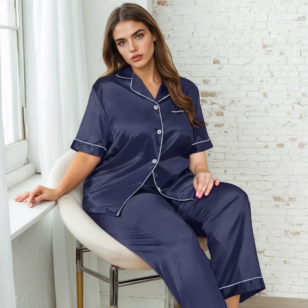 Silk Sleepwear Set for Plus Size Women – Fashionable Silk Tops and Long Pants Homewear