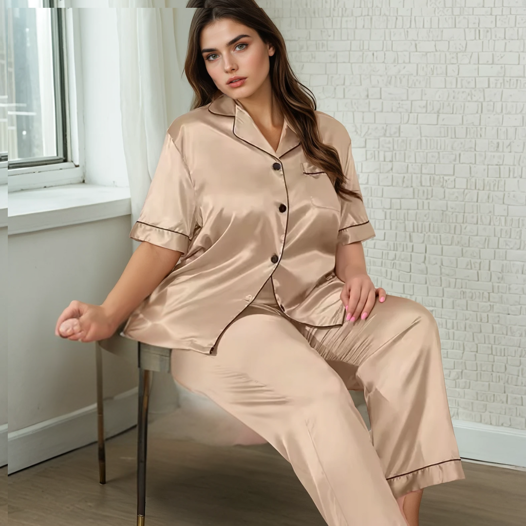 Silk Sleepwear Set for Plus Size Women – Fashionable Silk Tops and Long Pants Homewear