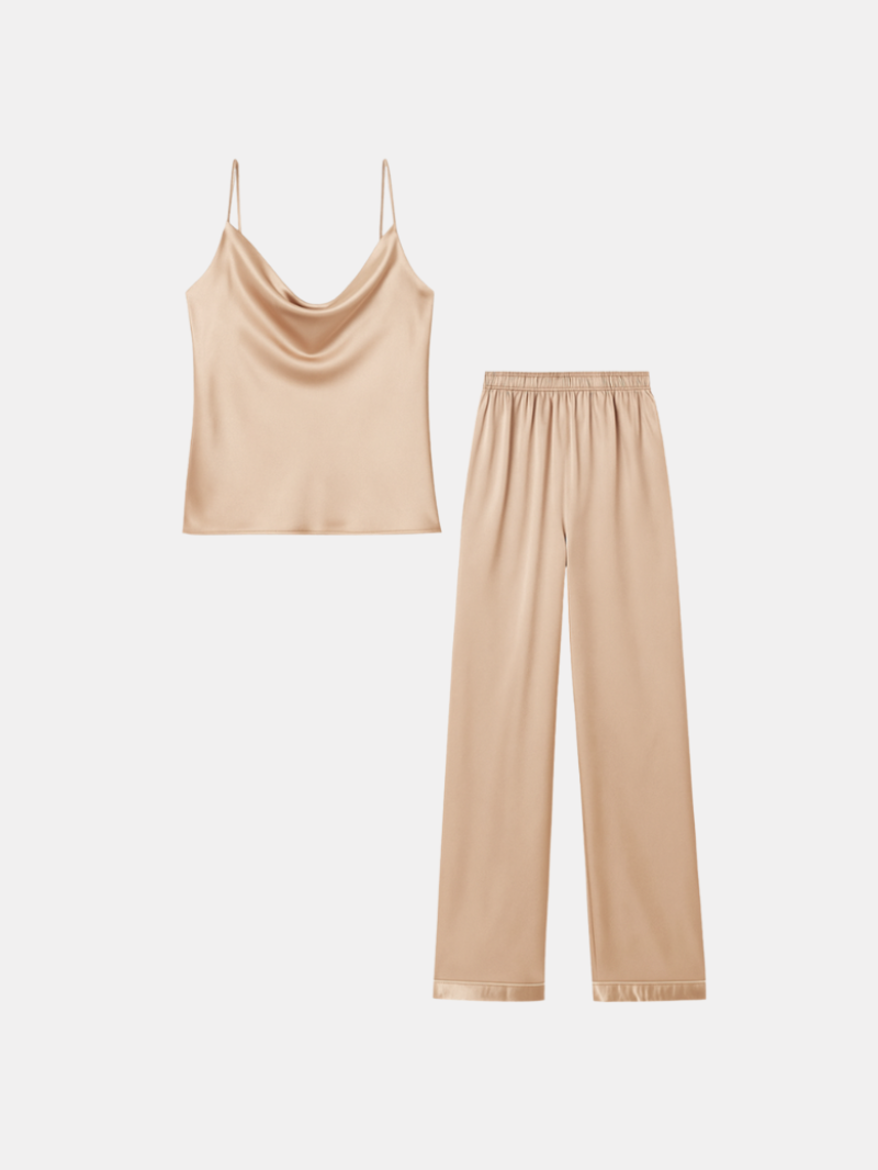 Luxury Women's Satin Pajama Set – V-Neck Cami Top and Long Pants for Sleep & Lounge