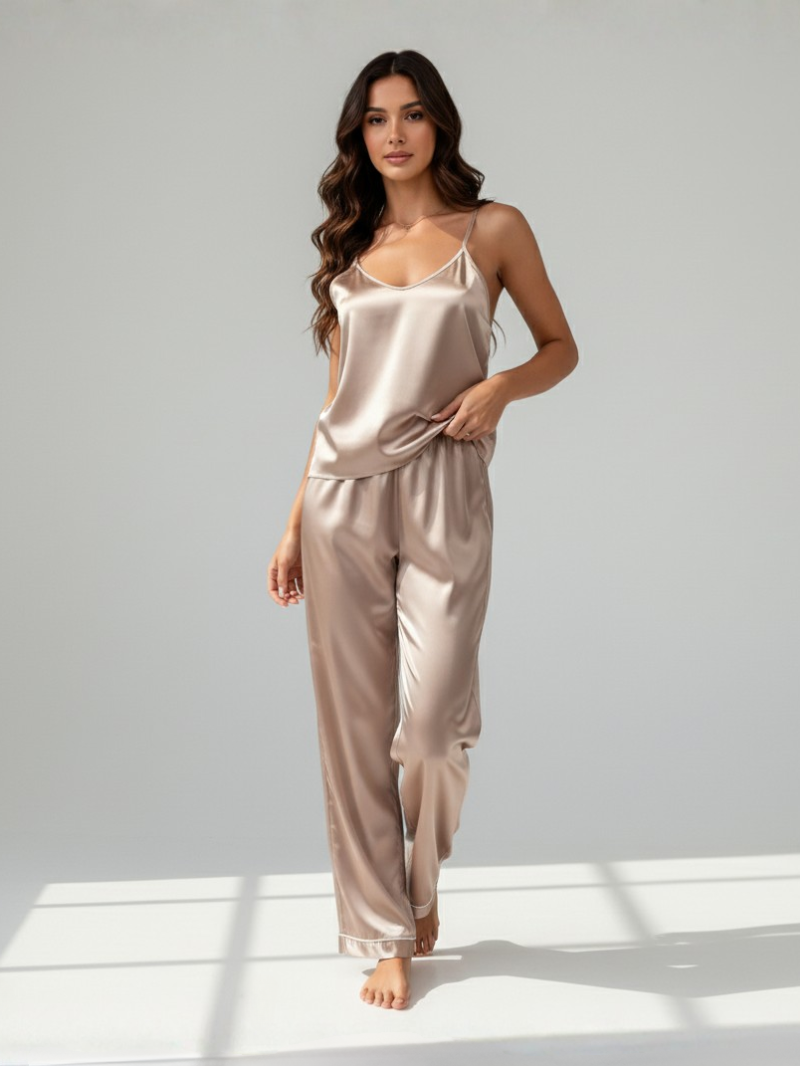 Luxury Women's Satin Pajama Set – V-Neck Cami Top and Long Pants for Sleep & Lounge