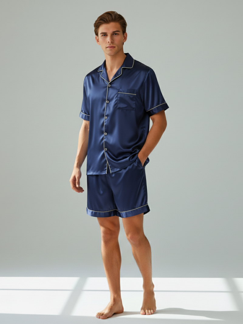 Ice Silk Satin Pajamas for Couples – Short-Sleeved Sleepwear for Women and Men