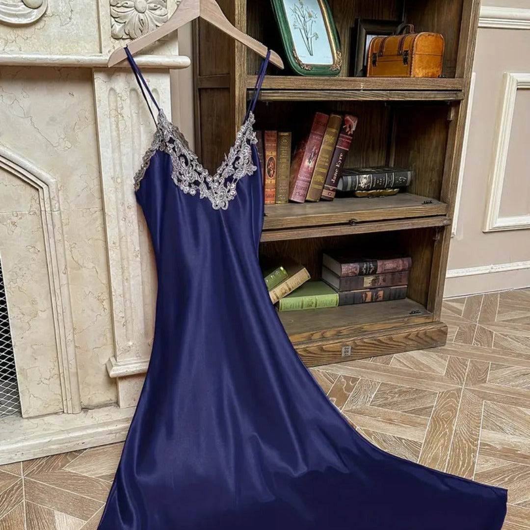 Arabella Faux Silk Maxi Nightgown – Elegant Lace Trim Sleepwear for Women