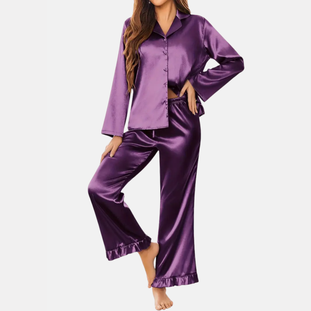 Soft Satin Pajamas Set for Women – 2-Piece Long Sleeve Sleepwear & Elegant Button Loungewear