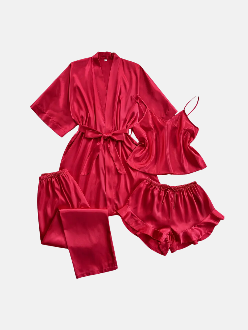4pcs Elegant Silk Pajama Set for Women - Robe, Bralette, Shorts & Pants