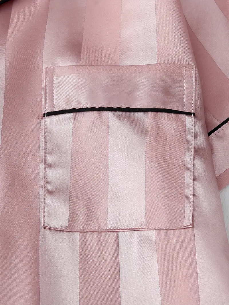 2 Sets Women's Striped Silk Casual Pajama Set Short Sleeve Top & Shorts