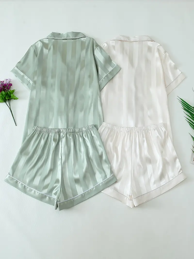 2 Sets Women's Striped Silk Casual Pajama Set Short Sleeve Top & Shorts