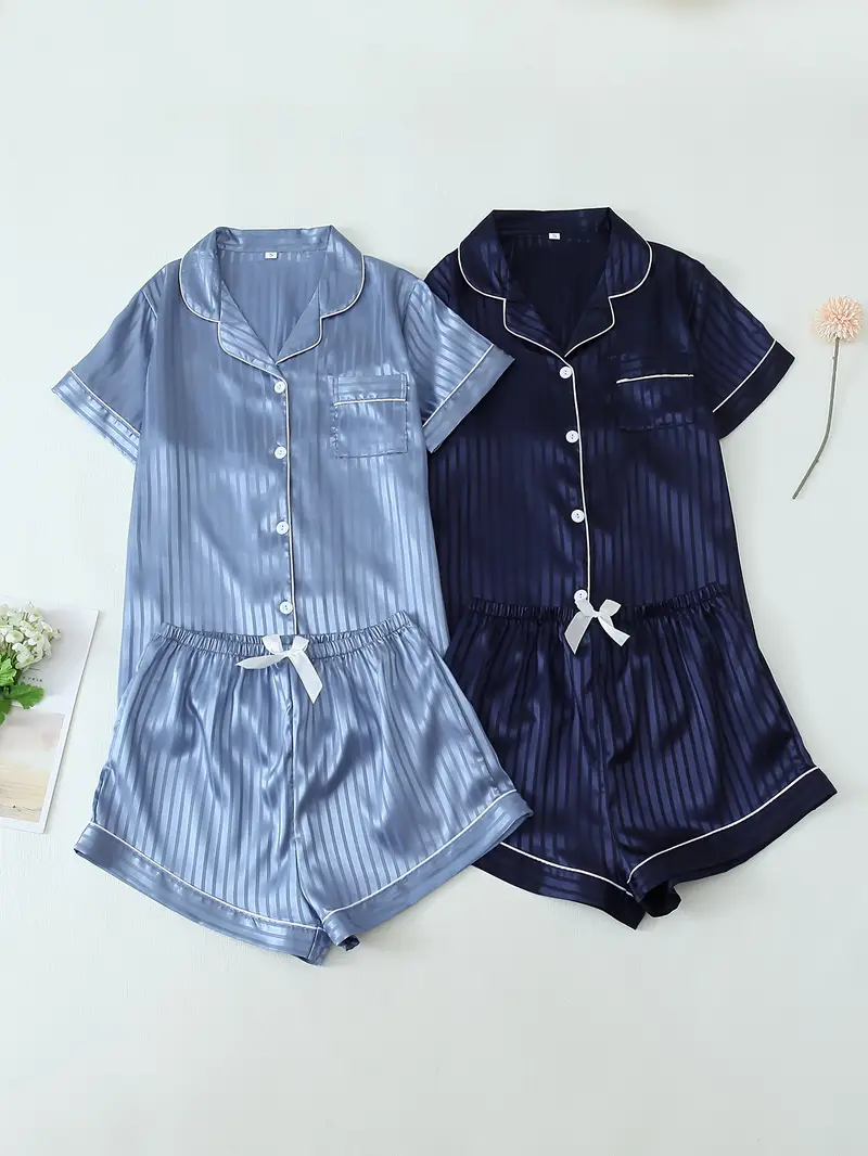 2 Sets Women's Striped Silk Casual Pajama Set Short Sleeve Top & Shorts