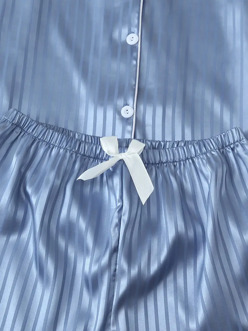 2 Sets Women's Striped Silk Casual Pajama Set Short Sleeve Top & Shorts