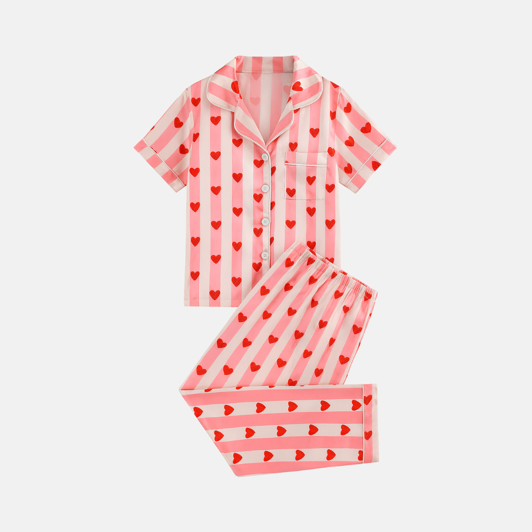 Kids’ Satin Heart Print Pajama Set – Short Sleeve Comfort Sleepwear