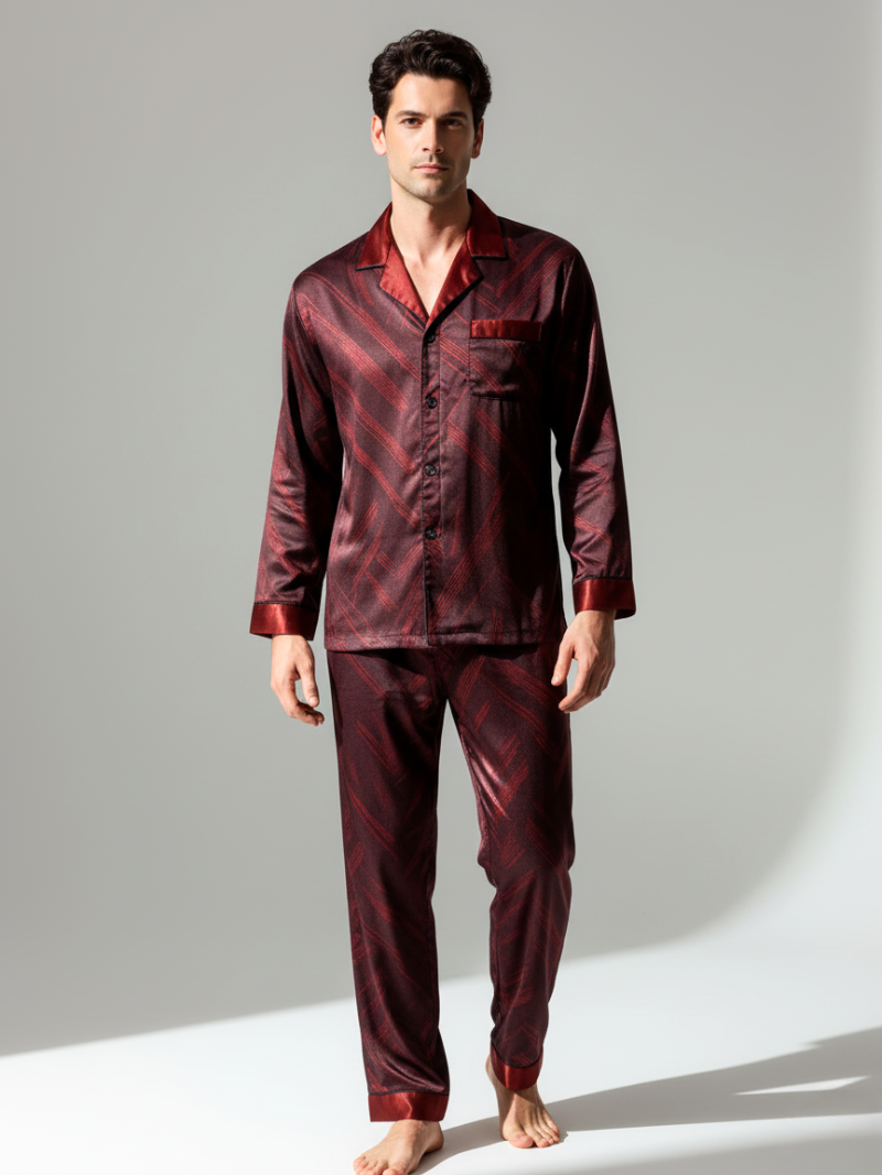 Men’s Silk-Feel Pajama Set – Long Sleeve Satin-Look Sleepwear with Elegant Pattern