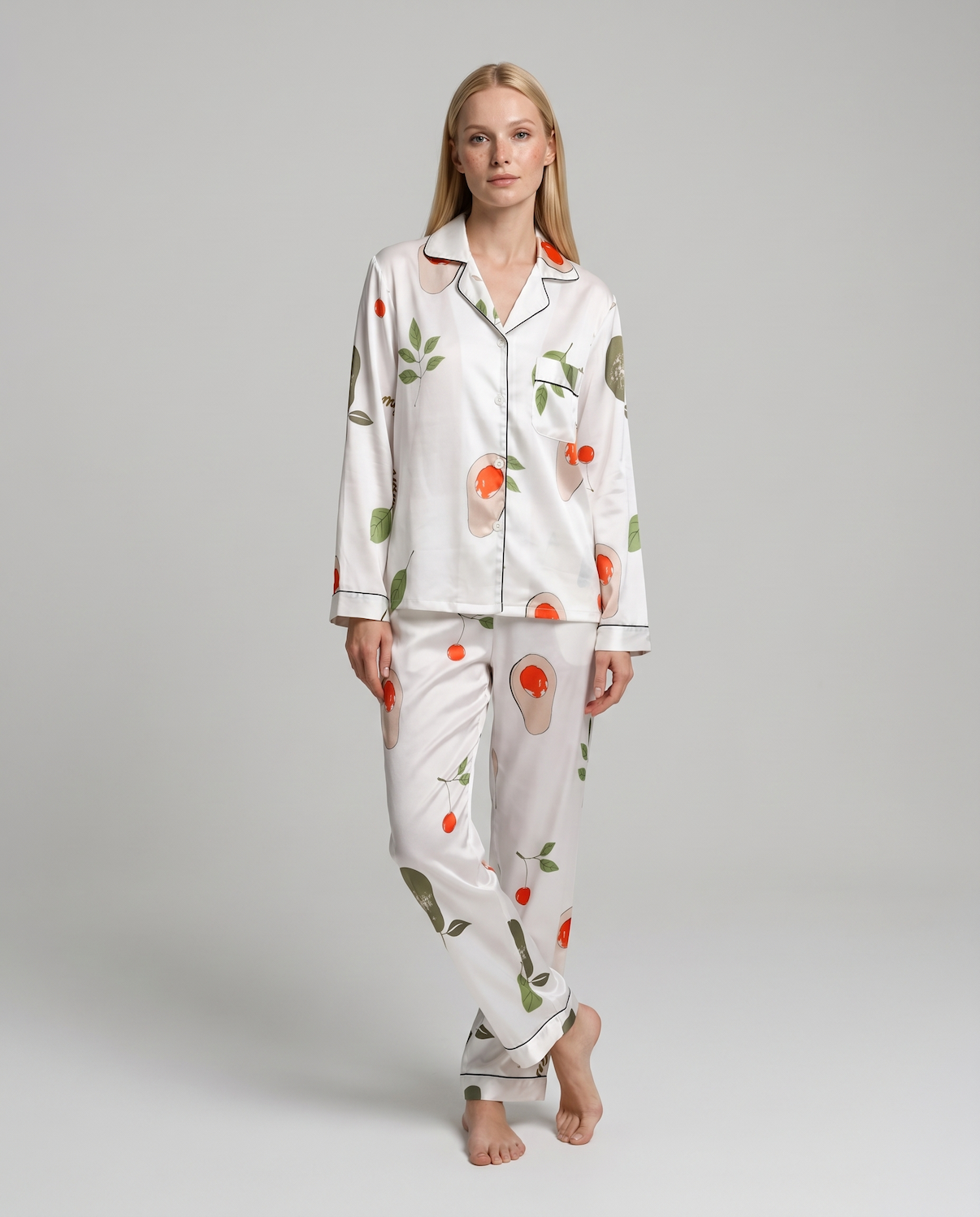 Women's Ice Silk Pajama Set – Summer Long Sleeve &amp; Pants Loungewear in Imitation Silk