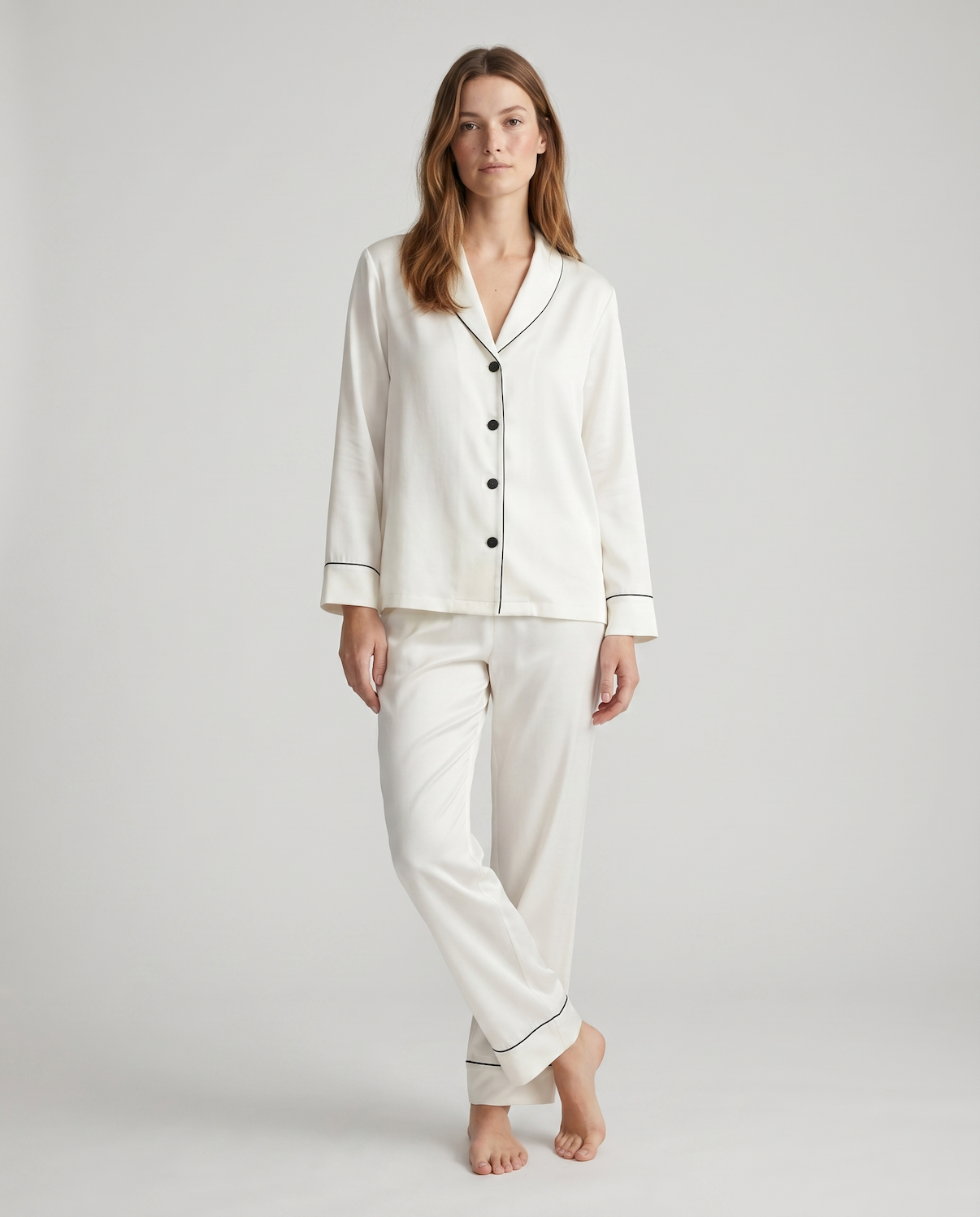 100% Mulberry Silk Pajama Set – Long Sleeve Peter Pan Collar Top &amp; Relaxed Pants