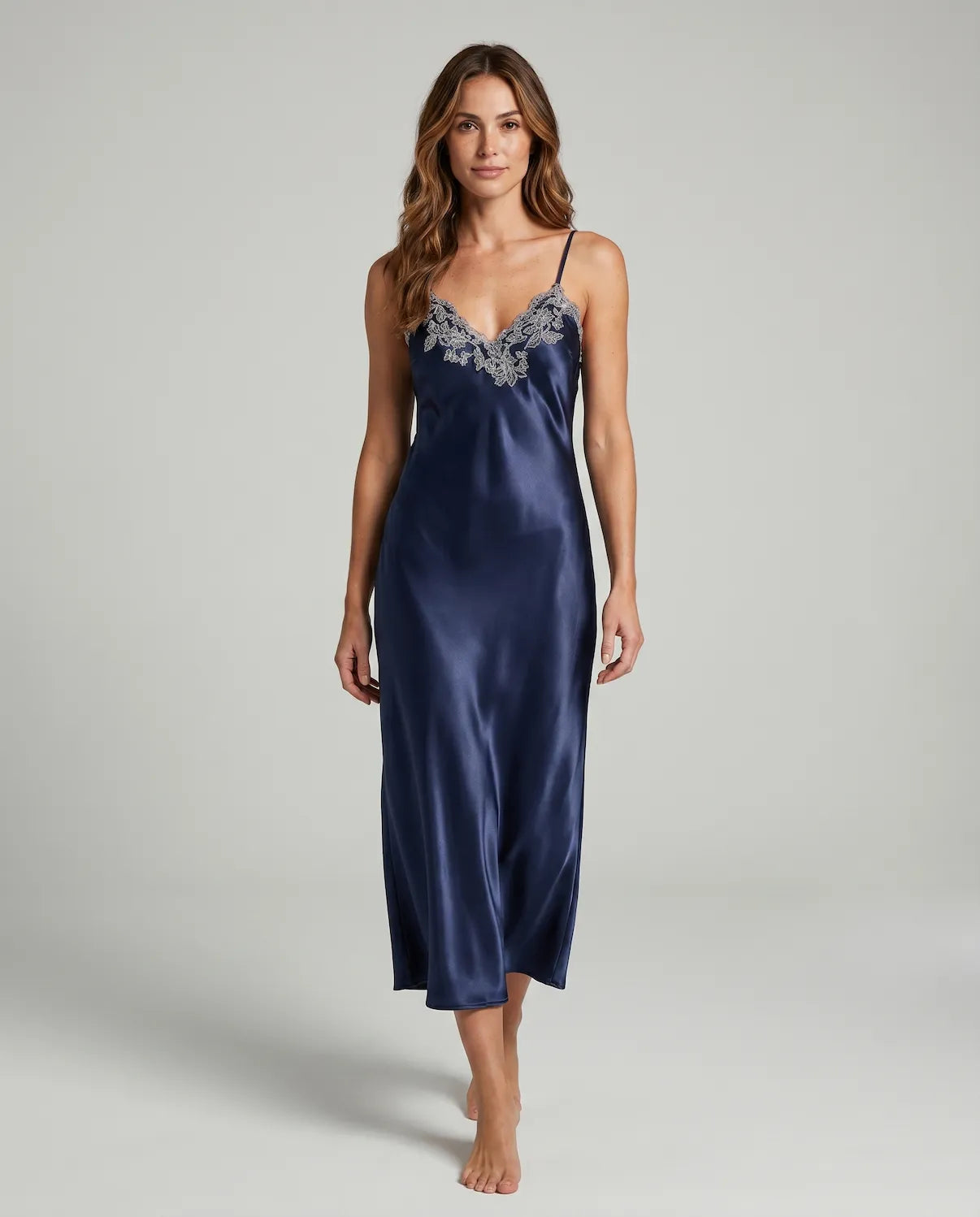 Arabella Faux Silk Maxi Nightgown – Elegant Lace Trim Sleepwear for Women