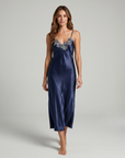 Arabella Faux Silk Maxi Nightgown – Elegant Lace Trim Sleepwear for Women