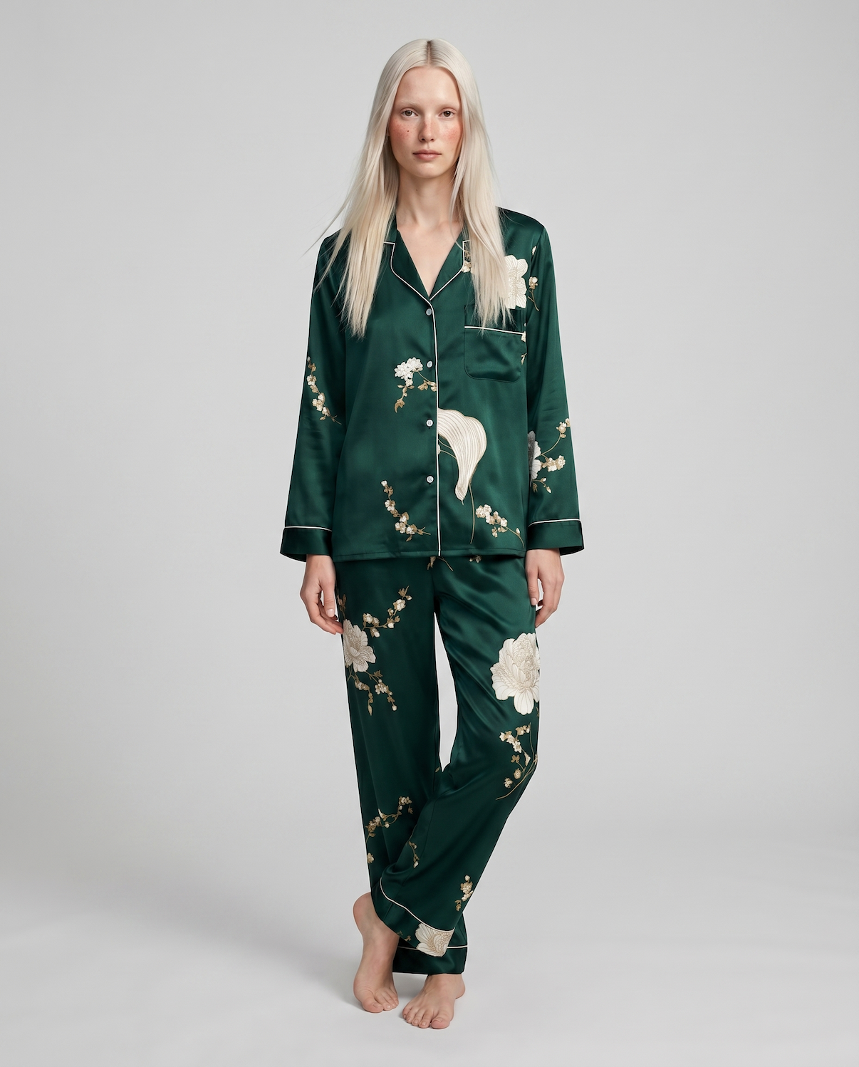 Women's Floral Print Silk Casual Pajama Set, Long Sleeves Top &amp; Pants