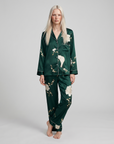 Women's Floral Print Silk Casual Pajama Set, Long Sleeves Top & Pants