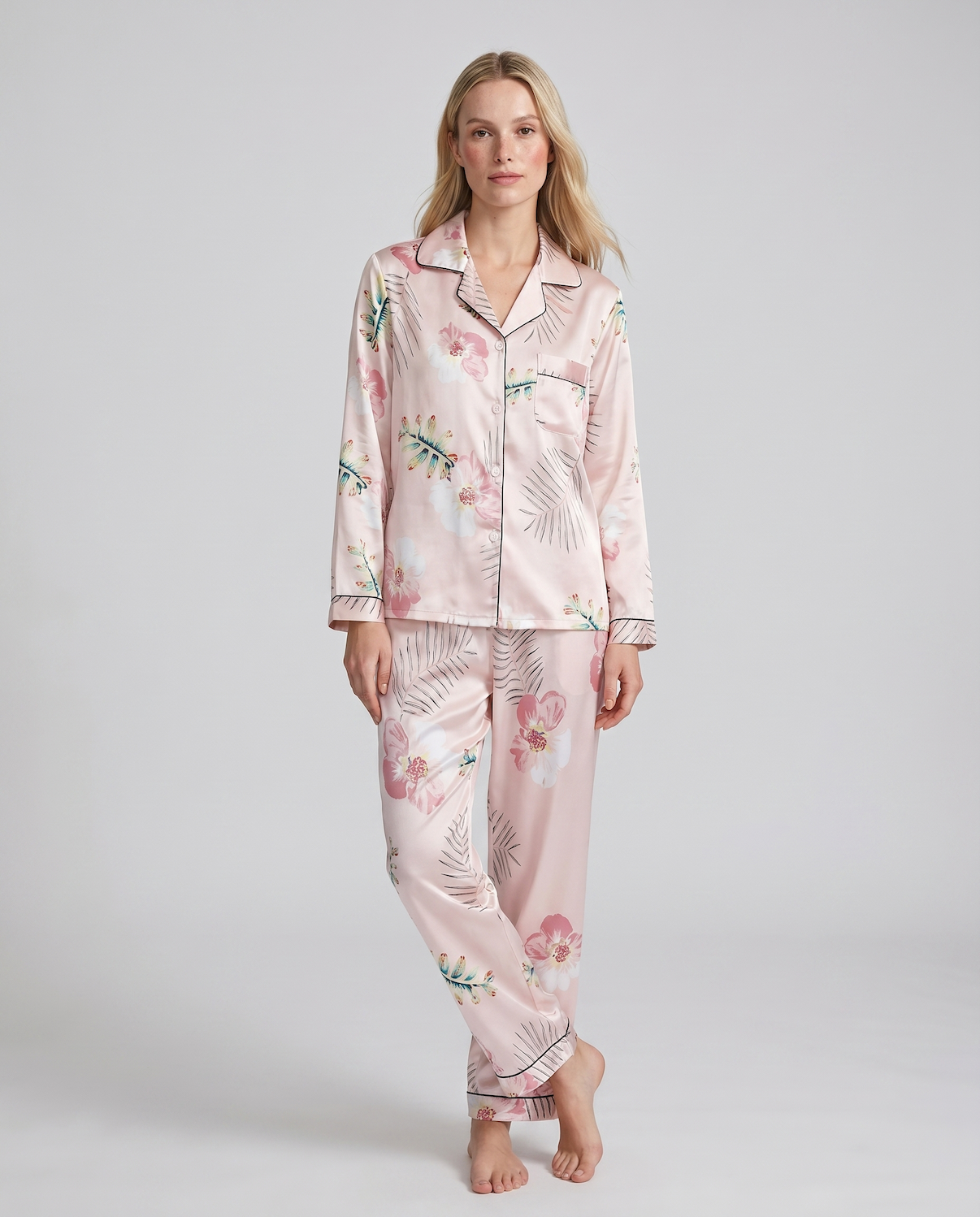 Women's Ice Silk Pajama Set – Summer Long Sleeve &amp; Pants Loungewear in Imitation Silk