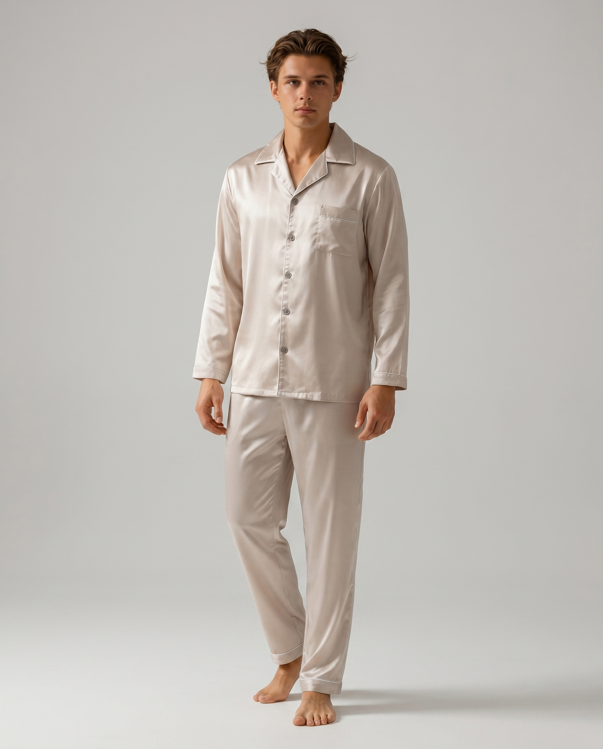 Men's Ice Silk Pajamas – Long Sleeve Pants Set for Spring and Autumn, Casual Summer Silk Suit