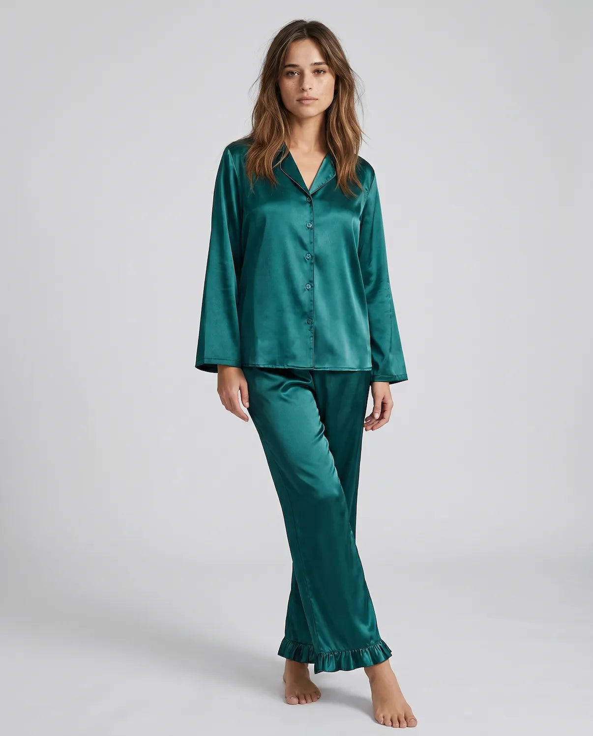 Soft Satin Pajamas Set for Women – 2-Piece Long Sleeve Sleepwear &amp; Elegant Button Loungewear