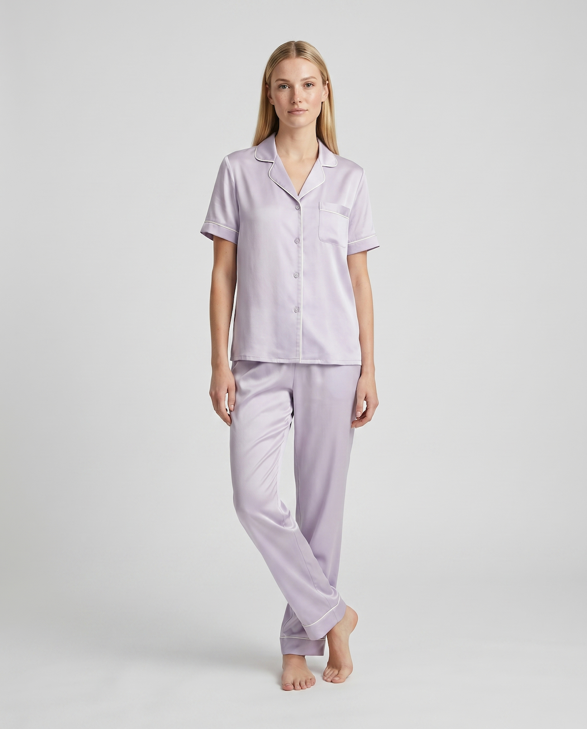 100% Mulberry Silk Pajama Set – Short Sleeve Button Top &amp; Long Pants