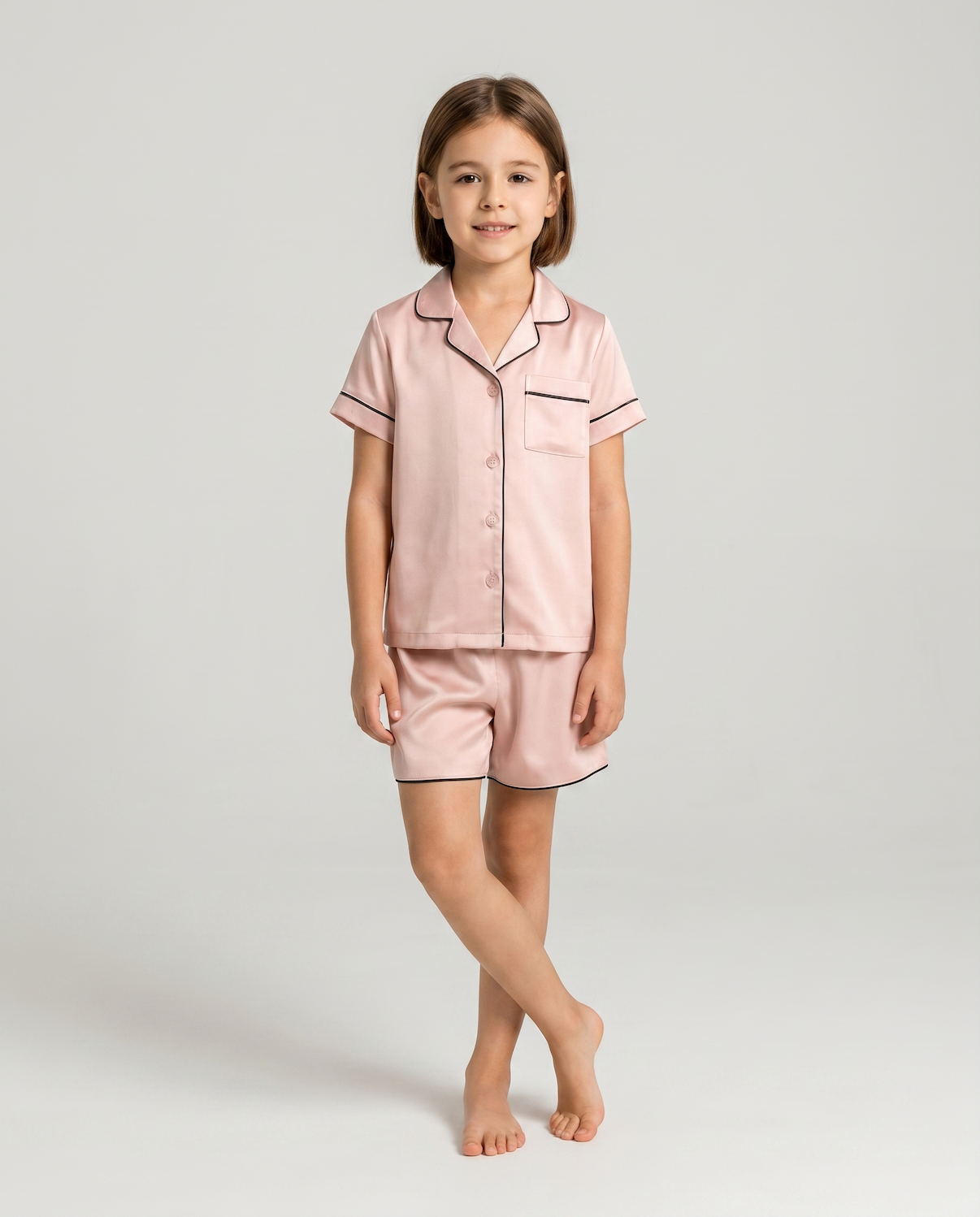 Children’s 100% Mulberry Silk Pajama Set – Short Sleeve Shirt &amp; Shorts Sleepwear