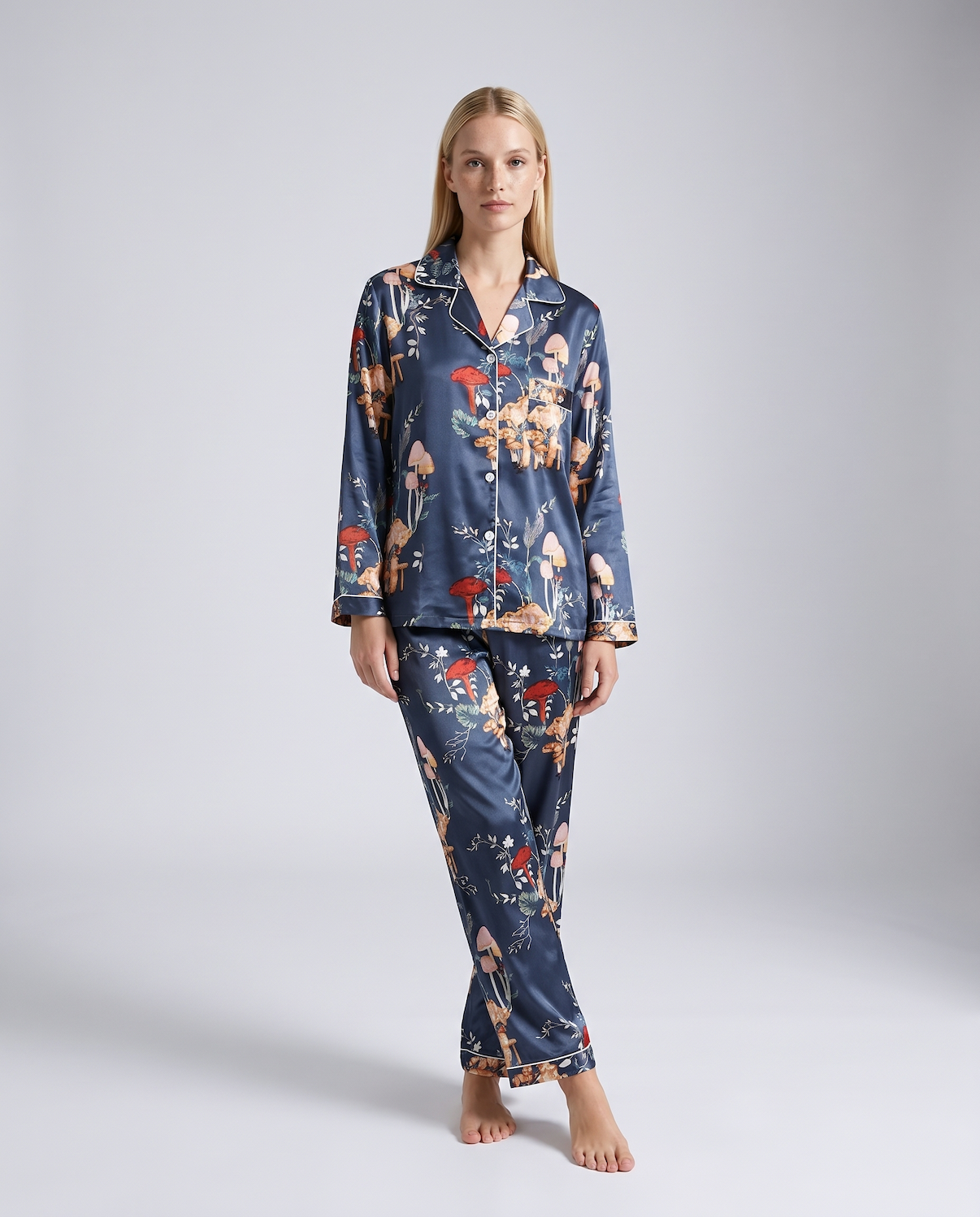 Women's Ice Silk Pajama Set – Summer Long Sleeve &amp; Pants Loungewear in Imitation Silk