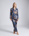 Women's Ice Silk Pajama Set – Summer Long Sleeve & Pants Loungewear in Imitation Silk