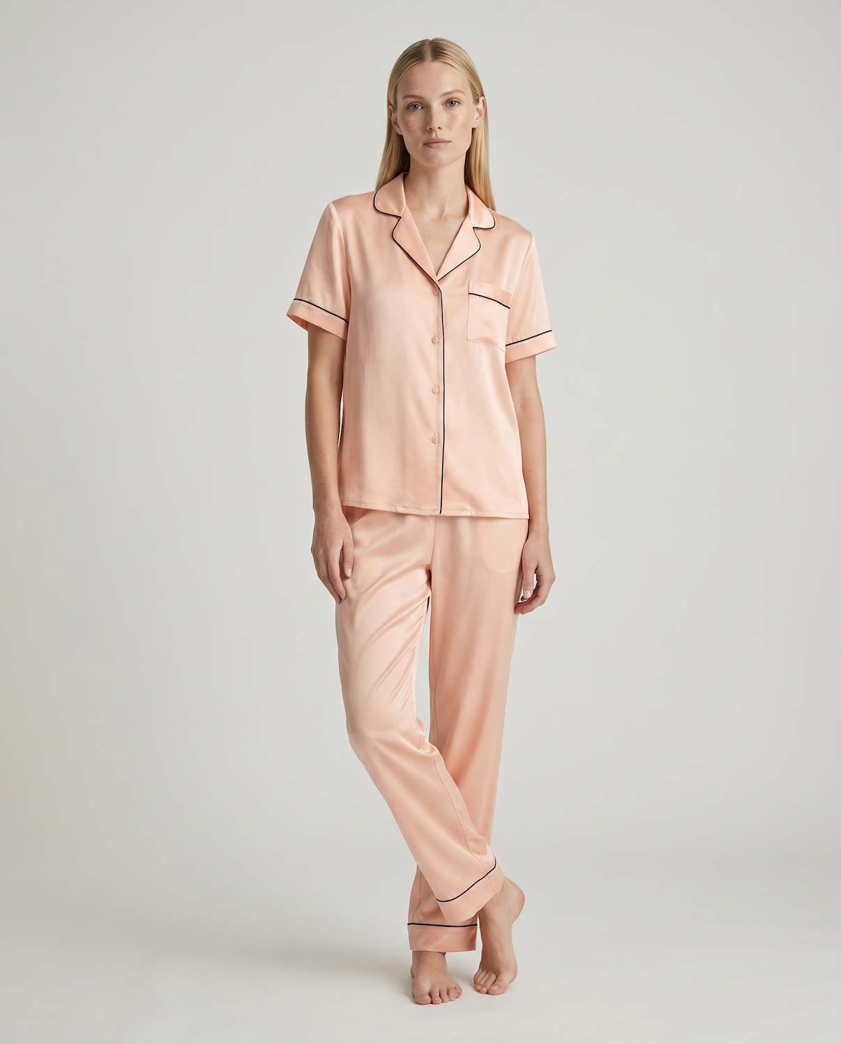 100% Mulberry Silk Pajama Set – Short Sleeve Button Top &amp; Long Pants