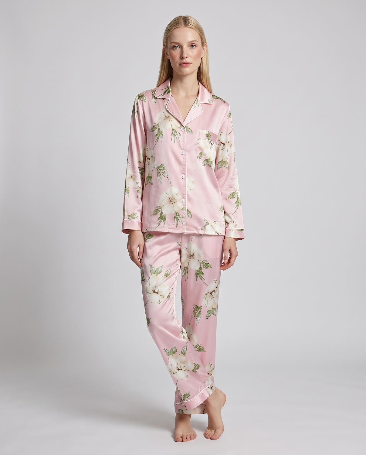 Women's Ice Silk Pajama Set – Summer Long Sleeve &amp; Pants Loungewear in Imitation Silk