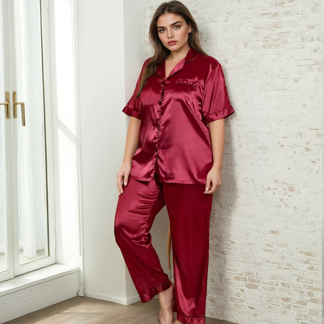 Silk Sleepwear Set for Plus Size Women – Fashionable Silk Tops and Long Pants Homewear