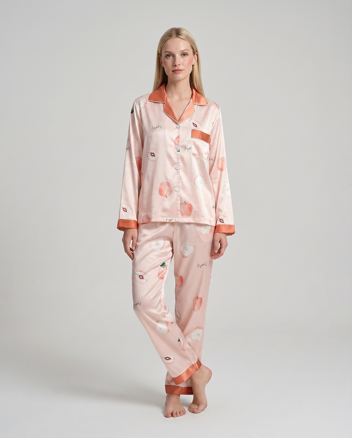 Women's Ice Silk Pajama Set – Summer Long Sleeve &amp; Pants Loungewear in Imitation Silk