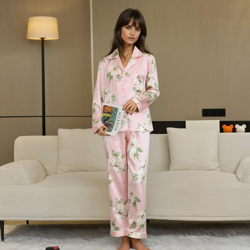 Women's Ice Silk Pajama Set – Summer Long Sleeve & Pants Loungewear in Imitation Silk