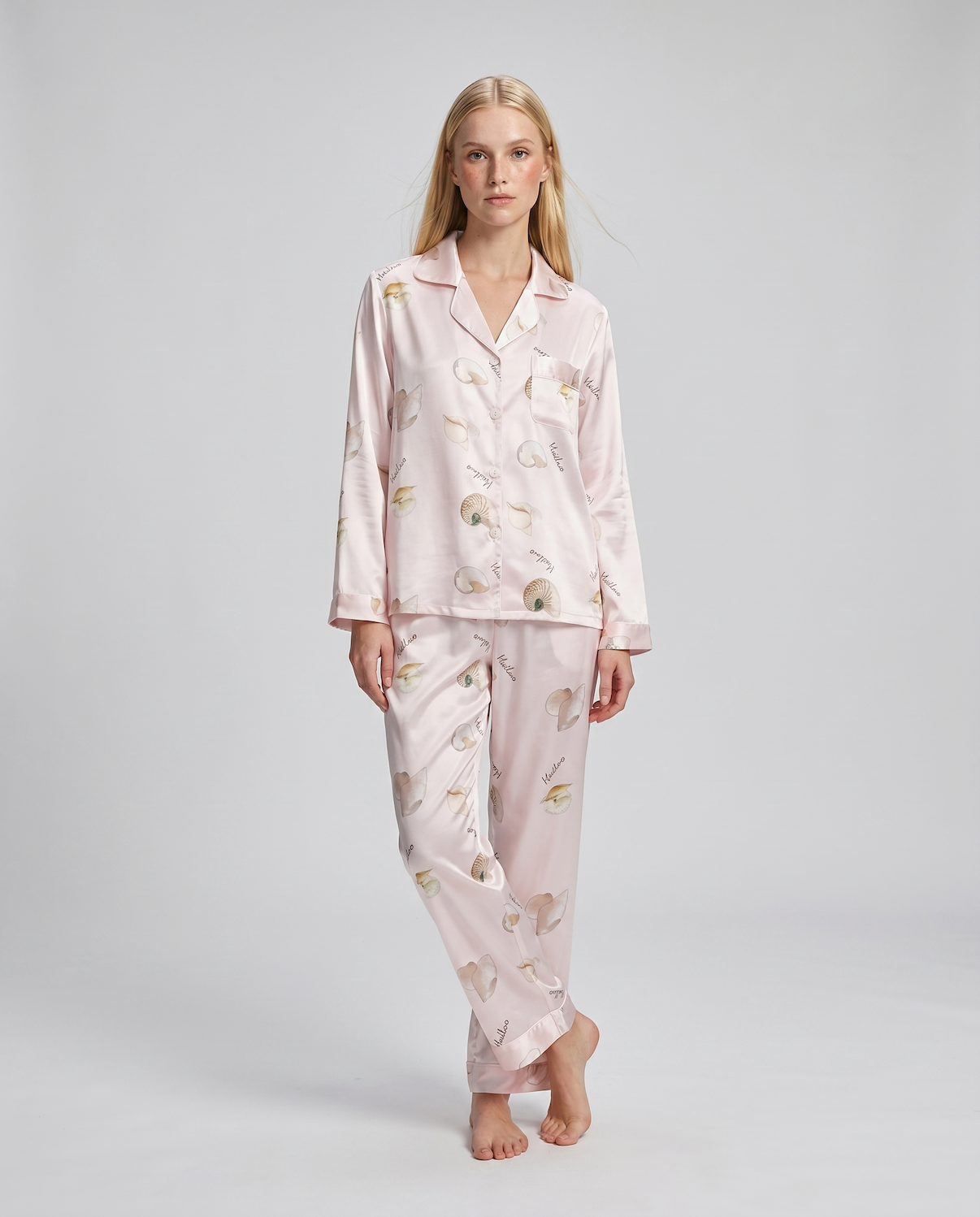Women's Ice Silk Pajama Set – Summer Long Sleeve &amp; Pants Loungewear in Imitation Silk